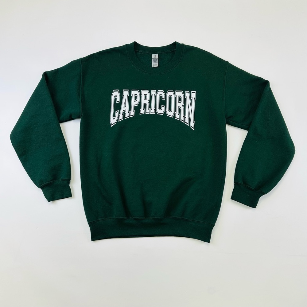 Capricorn Varsity graphic evergreen crew neck fleece womens sweatshirt Small